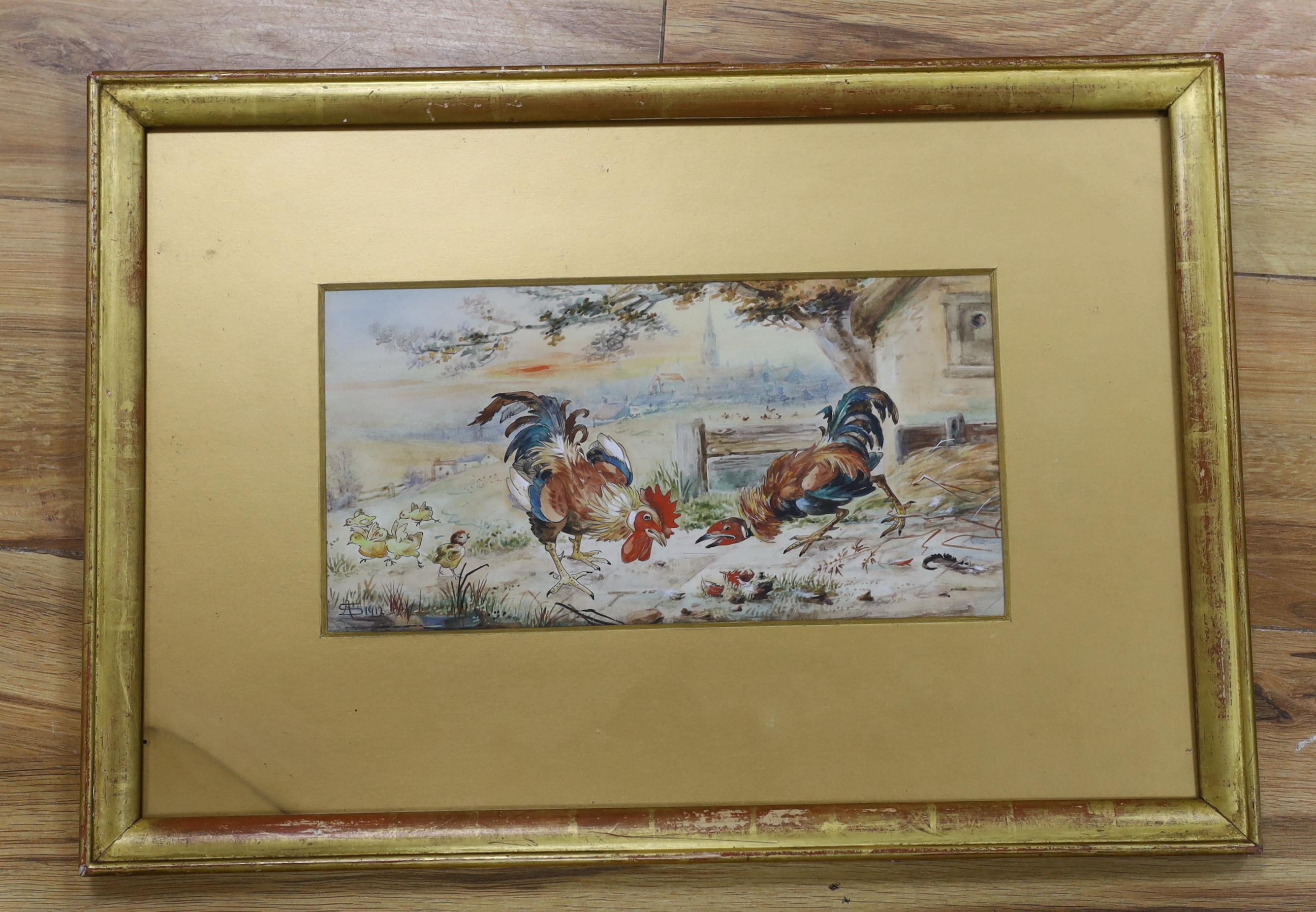 Early 20th century, watercolour, Fighting cockerels, monogrammed A.S. and dated 1912, 29 x 15cm